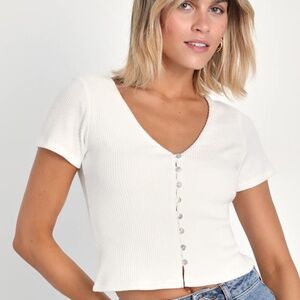 Lulus My Everyday Best Ivory Ribbed Short Sleeve Button-front Top White - Size M